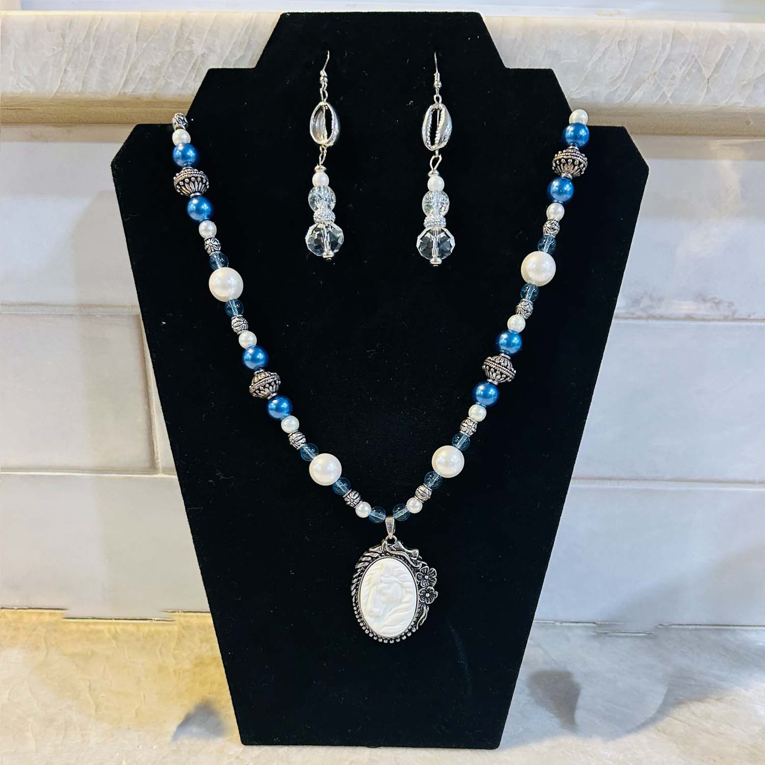 Blue Pearl Horse Cameo Necklace & Earrings Set, teamsuicideprevention.org