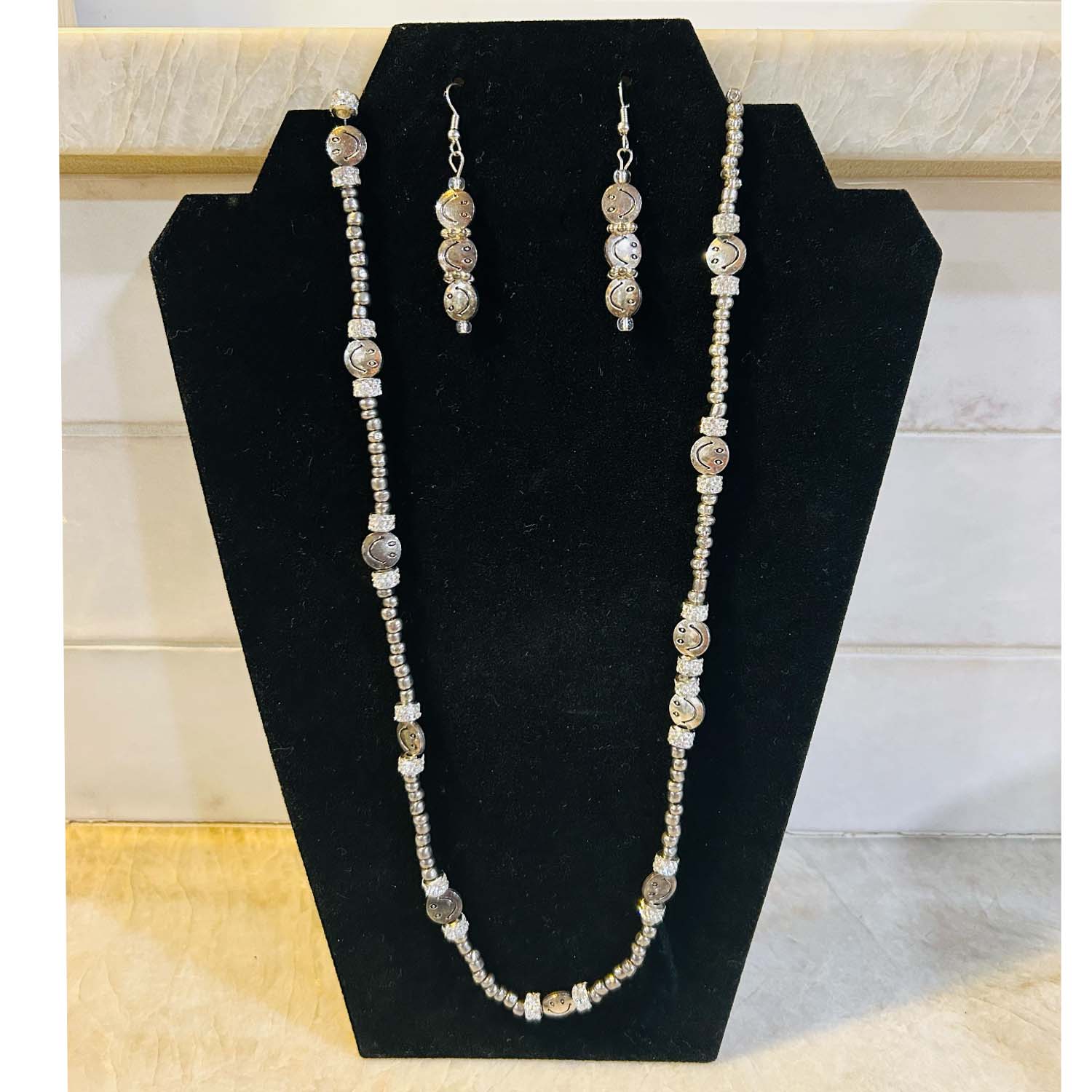 Silver Smiley Face Necklace & Earrings Set