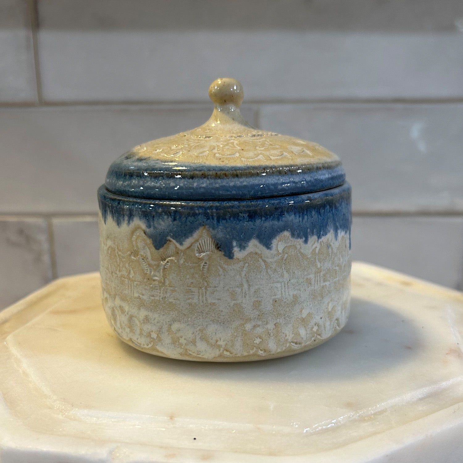 Blue & Beige Handcrafted Ceramic Pottery Jar with Lid